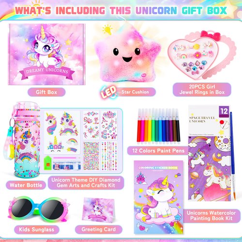 39PCS Unicorns Gifts for Girls Kids Toys 3 4 5 6 7 8 9 10 Years Old-Decorate Your Water Bottle Kits for Girls/Light Up Star Pillow Unicorn Diamond Painting Toys Gifts for Girls Birthday Christmas