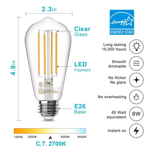 TJOY Edison Light Bulbs 60W Equivalent, Dimmable Vintage LED Light Bulbs, E26 Medium Base, Warm White 2700K, ST58, 8W, 800LM, 80+ CRI, Antique Decorative Filament LED Bulb, Clear Glass, 6 Pack