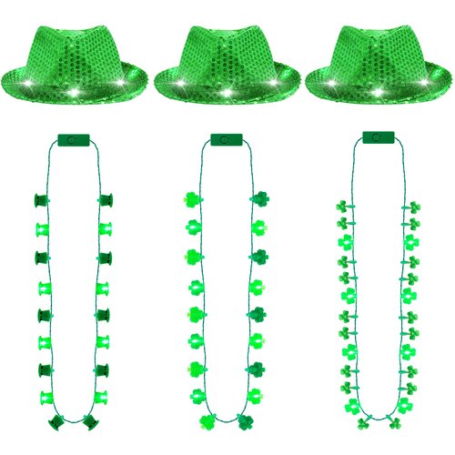 St Patricks Day Accessories, 6 Pack Light up St. Patrick's Day Hat Necklace, Green Saint Patricks Hat Necklace for Adults, Glow Fancy Cap 3D Shamrock Necklace, Flashing St Patricks Parade Party Favors