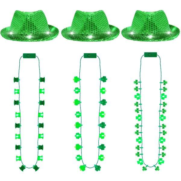 St Patricks Day Accessories, 6 Pack Light up St. Patrick's Day Hat Necklace, Green Saint Patricks Hat Necklace for Adults, Glow Fancy Cap 3D Shamrock Necklace, Flashing St Patricks Parade Party Favors