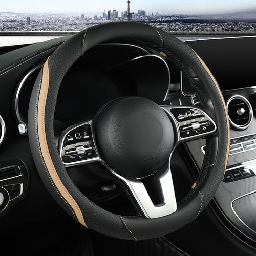 Car Steering Wheel Cover, Leather Steering Wheel Cover Beige Universal 14.5-15 Inch Microfiber Leather Anti-Slip Breathable Auto Steering Wheel Covers for Men Women (Black&Beige)