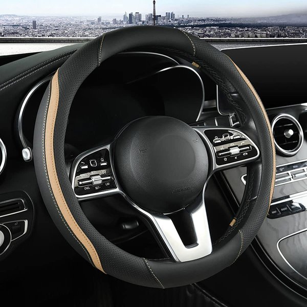 Car Steering Wheel Cover, Leather Steering Wheel Cover Beige Universal 14.5-15 Inch Microfiber Leather Anti-Slip Breathable Auto Steering Wheel Covers for Men Women (Black&Beige)