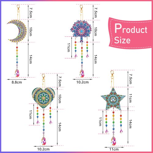Coldairsoap 4 Pack Diamond Painting Suncatcher, Diamond Painting Wind Chimes Double Sided Crystal Gem Paint by Number Diamond Painting for Home Garden Decoration (Style 1)