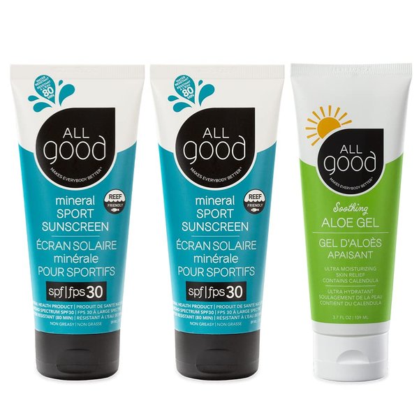 All Good Sport Mineral Sunscreen & Aloe Gel Bundle - UVA/UVB Broad Spectrum SPF 30+, Water Resistant - Includes (2) SPF 30 Sport Sunscreen and (1) Aloe Gel