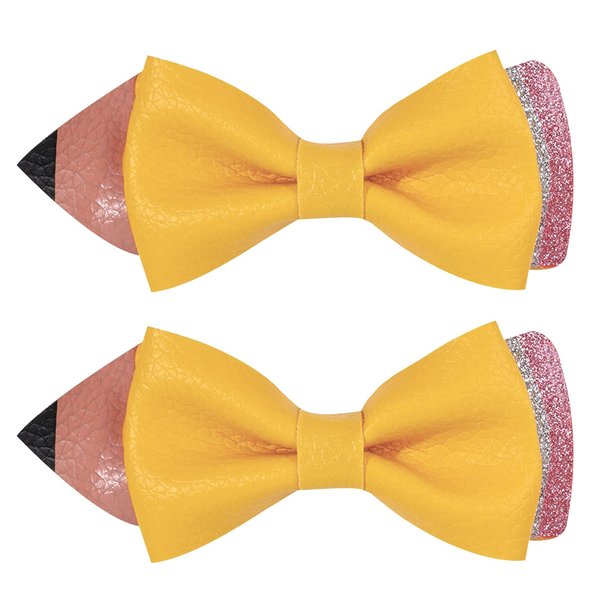 Back to School Hair Clips for Women Yellow Bow Hair Accessories for Women Pencil Decorations Design Leather Hair Clip Cute Metal Small Hair Clips for Styling Accessories 2Pcs(Yellow)