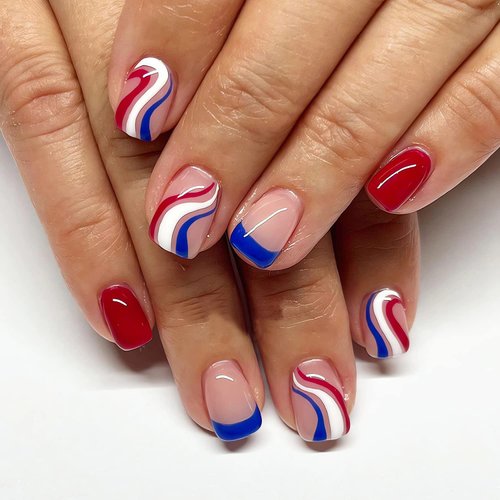 4th of July Press on Nails Short Square Fake Nails Colorful Strips Glue on Nails Independence Day Nail Art Decorations Glossy Full Cover Stick on Nails Short Square Artificial Nails for Women 24pcs