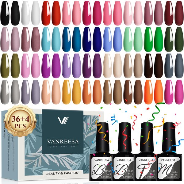 VANREESA 40 Pcs Gel Nail Polish Set 36 Colors Gel Nail Polish Base Coat Glossy & Matte Top Coat Gel Polish Set Red Pink Blue Green Purple Orange Nude Gel Polish Gifts for Women DIY at Home