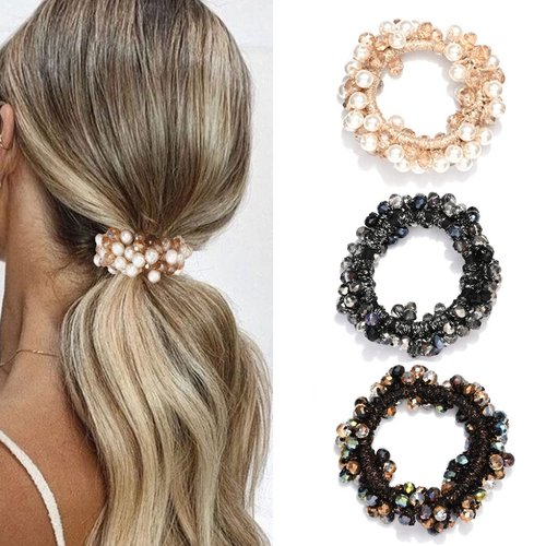 Fashey Pearl Hair Ties Rhinestone Hair Scrunchies Elastic Hair Bands Bead Set Ponytail Holder Hair Accessories for Women and Girls（Pack of 3） (Type A)