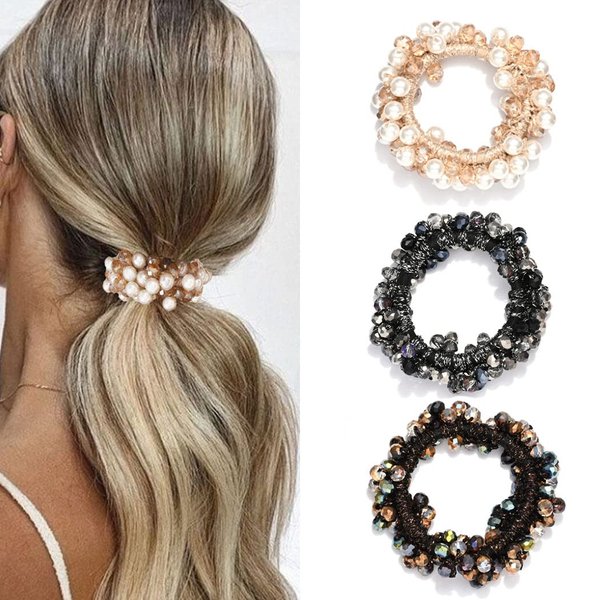 Fashey Pearl Hair Ties Rhinestone Hair Scrunchies Elastic Hair Bands Bead Set Ponytail Holder Hair Accessories for Women and Girls（Pack of 3） (Type A)