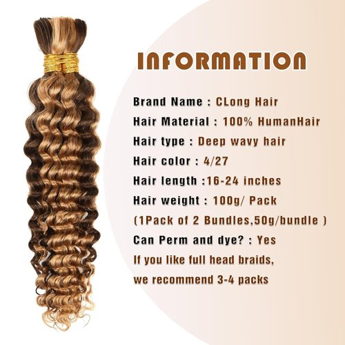 Human Braiding Hair 26 Inch Deep Wave Bulk P4/27 Human Hair for Braiding No Weft 2 Bundles 100g Curly Human Hair for Boho Braids 100% Unprocessed Brazilian Virgin Hair for Human Hair Extensions