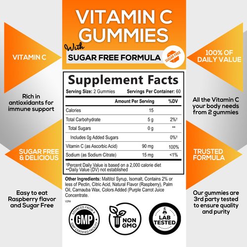 Sugar Free Vitamin C Gummies - Immune Support & Antioxidant Vitamin Dietary Supplement - Vegan, Non-GMO, Dairy & Gluten Free C Vitamin Gummy - Raspberry Flavor for Kids & Adults - 120 Count Gummies
