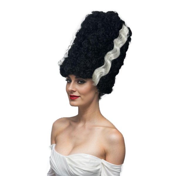 Luvfamday Long Black Curly Wig with White Streaks Goth Bride Wig Top Hat Two Tone Wig Halloween Cosplay Costume Wigs Women Men