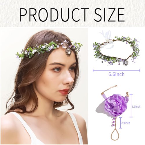 ROCTADA Flower Crown, Purple Fairy Headpiece Renaissance Accessories, Handmade Wedding Bridal Baby Shower Party Decorations Including bracelet