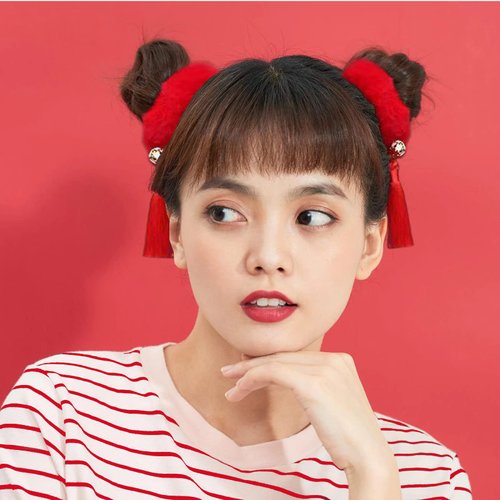 Chinese Hair Accessories | Tassel Hair Clip | 2-Piece Set with Fluffy Ball - Perfect for Christmas | Long Red Tassels - Hair Ball Tassel Girls Hair Clip | Chinese Hair Clip | For Festive Occasions
