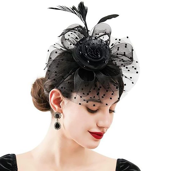YVPSI Women's Fascinator with Headband and Clip,Small Flower Ribbon Mesh Feather Fascinator Hat for Women Durby Wedding Cocktail Tea Party Outfit Wear Black