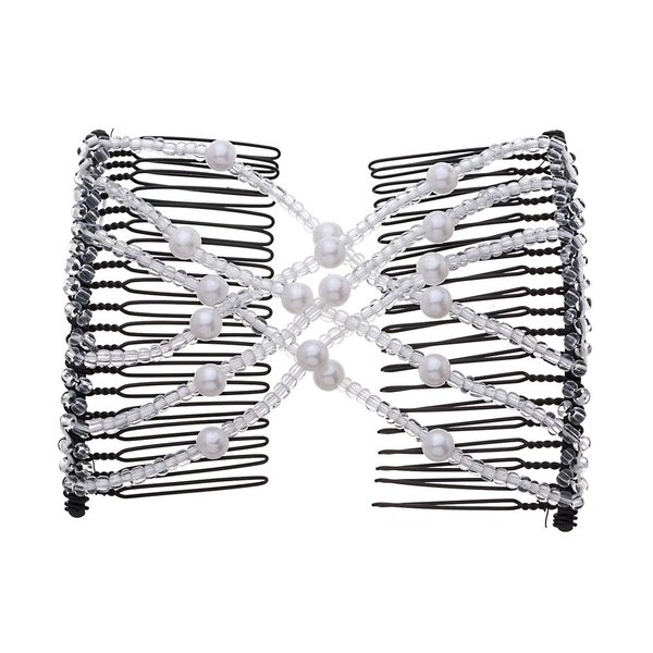 Ruihfas Easy Stretch Comb Beaded Double Stretching Combs Hair Styling Accessories for Women Girls Hair Bun Maker (White)
