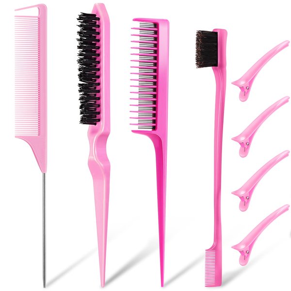 8 Pieces Teasing Brush Set Edge Comb with Hair Clips Grooming Styling Dual Edges Triple Sturdy Rat Tail for Women Girls Kids Stylists (Pink)