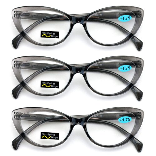 V.W.E. 3 Pairs Lot Women Cateye Translucent Clear Floral Pattern Fashion Reading Glasses Reader (3 Gray, 1.25)