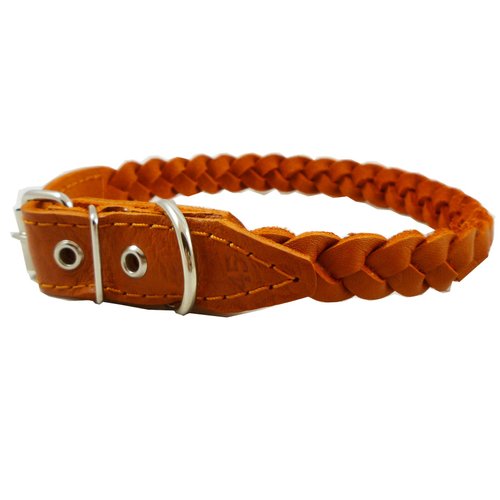 Genuine Leather Braided Dog Collar 14.5"- 17" Neck, 3/4" Wide, Orange
