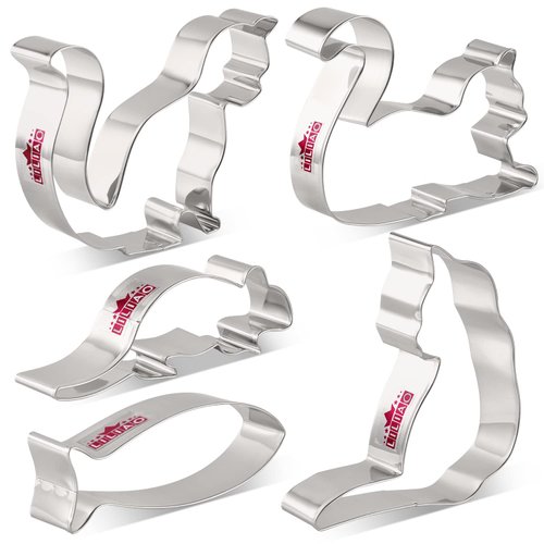 LILIAO Cat Cookie Cutter Set - 5 Piece - Curled Cat, Sitting Cat, Playing Cat, Mouse and Fish Biscuit Fondant Cutters - Stainless Steel