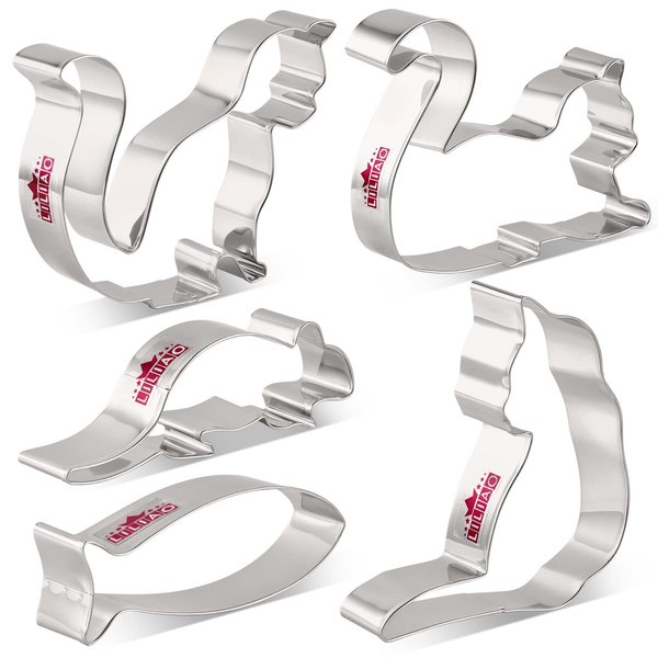 LILIAO Cat Cookie Cutter Set - 5 Piece - Curled Cat, Sitting Cat, Playing Cat, Mouse and Fish Biscuit Fondant Cutters - Stainless Steel