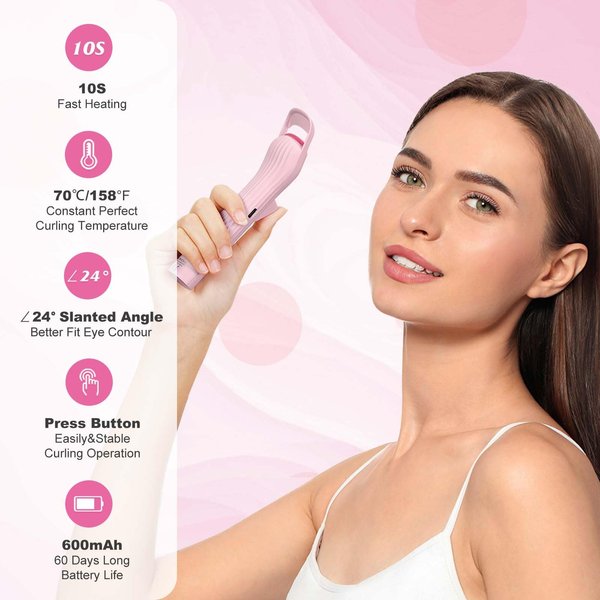 HEBECA Heated Eyelash Curlers, Electric Lash Curler with Innovative Heating Silicone Pad for Lifted Lashes 24 Hours, No Pinching, Quick Rechargeable 600mAh Battery Pink EC2001