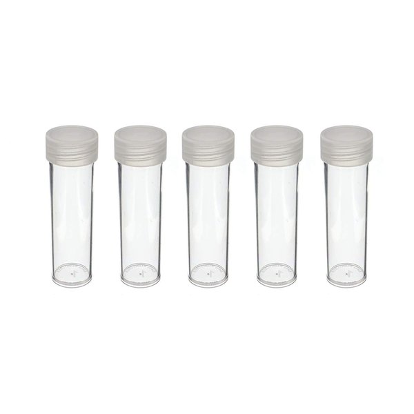 (5) Round Clear Plastic (Penny Cent) Size Coin Storage Tube Holders Screw on Lid