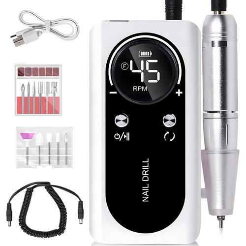 Electric 45000RPM Nail Drill Machine Rechargeable Portable Nail File Electric DIY Nail Drill Kit with Smart LCD Screen for Gel Nail Manicure and Pedicure Reflective Body etc(White)