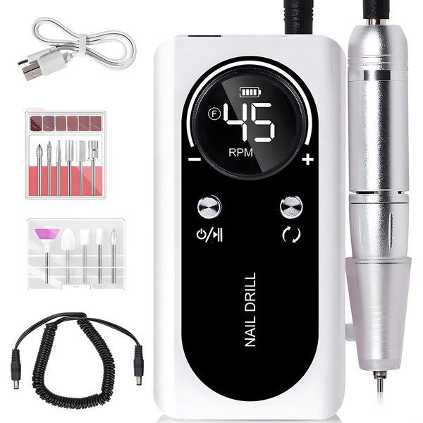 Electric 45000RPM Nail Drill Machine Rechargeable Portable Nail File Electric DIY Nail Drill Kit with Smart LCD Screen for Gel Nail Manicure and Pedicure Reflective Body etc(White)