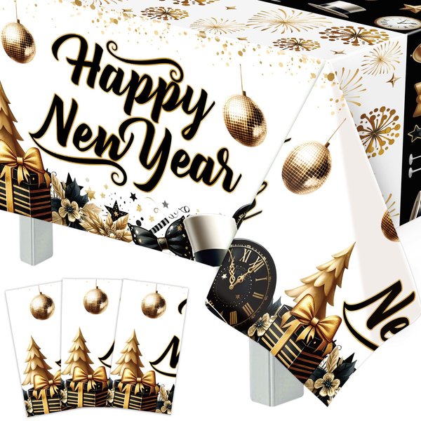 Happy New Year Tablecloths 3 Pack New Years Eve Party Supplies 2025 Gold Black White Tablecloths for Rectangle Tables Happy New Years Decorations 2025
