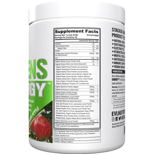 Greens and Superfoods Energy Drink Powder - EVL Super Greens Powder Smoothie Mix with Caffeine Spirulina Chlorella and Wheat Grass - Vegan Greens Superfood Powder for Energy Focus and Immunity