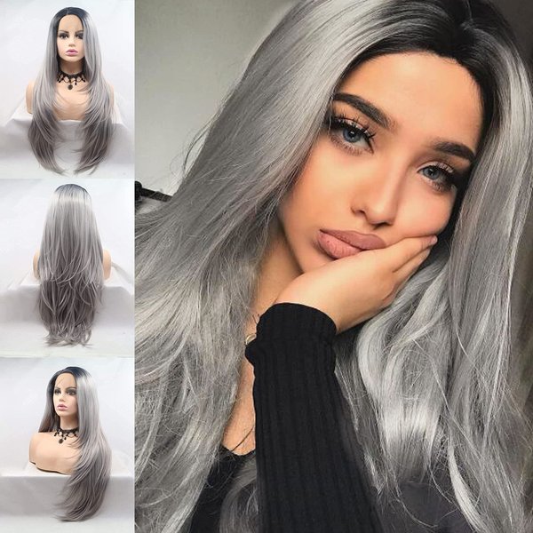 Silve Grey Ombre Lace Front Wigs Pre Plucked Hairline Long Natural Straight Gray Synthetic Lace Front Wig Dark Roots Side Part Glueless Lace Wigs for Women Synthetic Heat Resistant Fiber Hair 24 Inch