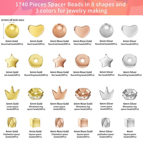 ARTDOT Spacer Beads for Jewelry Friendship Bracelets Making Kit, 1740 PCS 8 Styles Assorted Preppy Gold Beads with Organizer for Teen Girl Gifts Ages 6 7 8 9 10 11 12