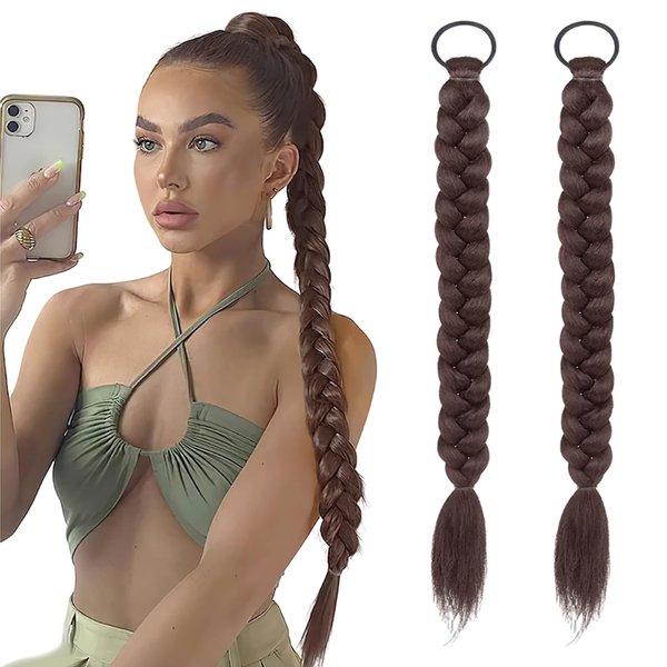 2Pcs Braided Ponytail Extensions with Hair Ties Soft Synthetic Hair Pieces Straight Wrap Around Hair Extensions Pony Tail Hairpieces Accessories for Women Daily Wear 16 Inch (Dark Brown)