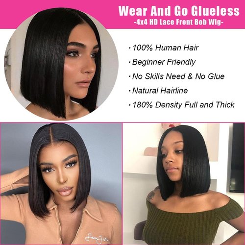 GCTGCT Bob Wig Human Hair 4x4 HD Lace Front Glueless Wigs Human Hair Pre Plucked Short Straight Bob Wigs for Black Women 180% Density Wear and Go Human Hair Wig No Glue Natural Color 10 Inch