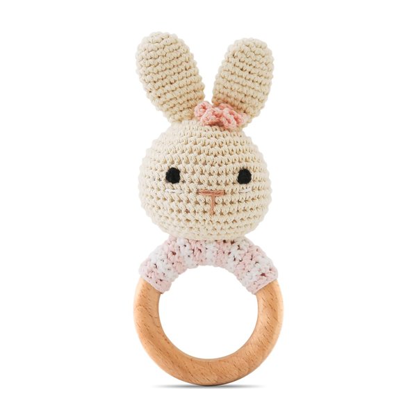 Wooden Baby Rattle，Crochet Bunny Rattle with Wood Ring, Newborn Wooden Animal Rattle Toy，Infant Bunny Wood Rattle Toys，Bunny-2