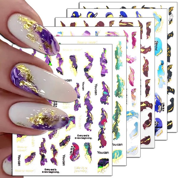 6 Colors Bronzing Gold Marble Nail Stickers for Women 3D Marble Nail Decals Watercolor Blooming Nail Art Stickers Self Adhesive Stickers for Nails Supply Smudge Nail Sticker Nail Designs Nail Supplies