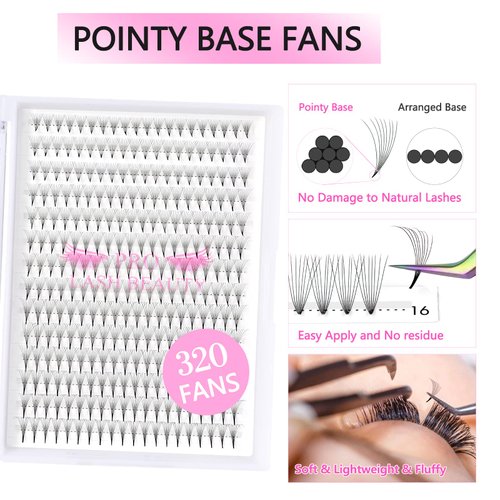 Premade Fans Eyelash Extensions 10D-C-0.07-12 Premade Volume Lash Extensions 320 Fans Pointed Base Fans 0.07 Premade Volume Fans C D Curl(10D-C-0.07,12 mm)