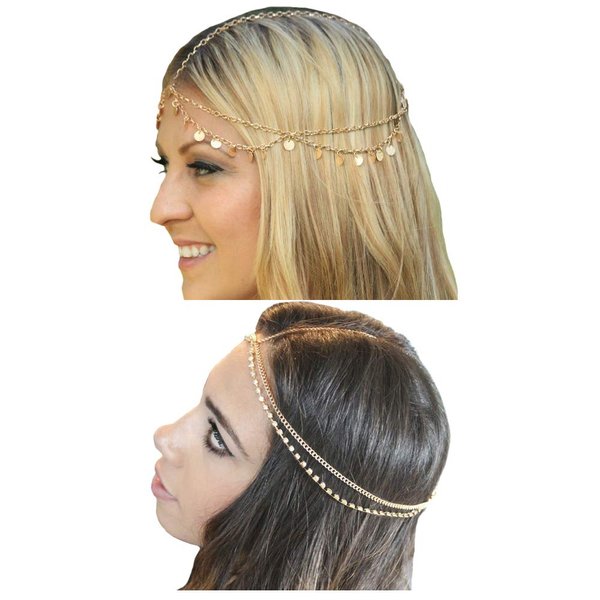 Gold Head Chain Sequins Rhinestone Headband Crystal Bohemian Hair Bands Halloween Hair Hoop Women Bridal Boho Hippie Hairband Party Decoration Cosplay Costume Handmade Headpiece Hair Jewelry 2 Pack