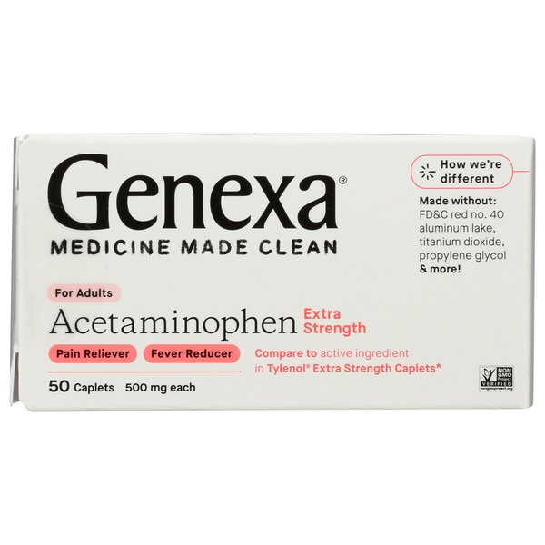 Genexa Acetaminophen 500mg Extra Strength Pain Reliever & Fever Reducer | Pain Relief Medications & Treatments of Headache, Backache, Toothache, & Minor Arthritis | 50 Caplets