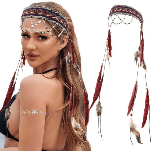 GORTIN Boho Feather Headband Indian Hippie Headbands White Gypsy Headpiece Hair Band Adjust Feather Headdress Bohemian Festival Costumes Hair Accessories for Women and Girls (Type B)