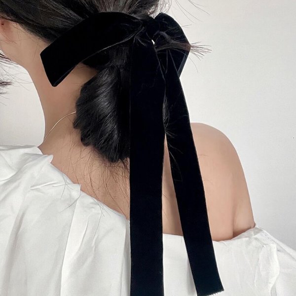 Black Velvet Bow Hair Tie for Women Girls Long Tail Velvet Ribbon Hair Band Rope Elastics Bowknot Scrunchies Bride Wedding Yoga Headdress outdoor outfit Decor Accessories Gift