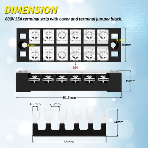 Joinfworld 35A Terminal Block 6 Position Screw Terminal Strip Dual Row with Cover & 6 Position Pre-Insulated Terminal Jumper Block -2pcs