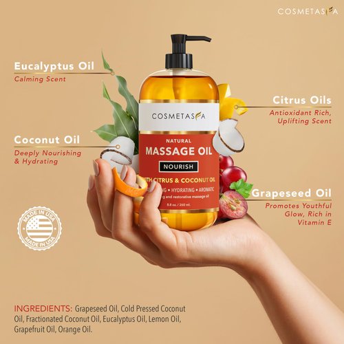 Natural Nourishing Citrus & Coconut Massage Oil- Smooth Glide, Non Greasy Therapeutic Massage Oils with Rejuvenating, Hydrating & Aromatic Essential Oils for Dry Skin, Soothes Muscle & Joints 8.8 oz