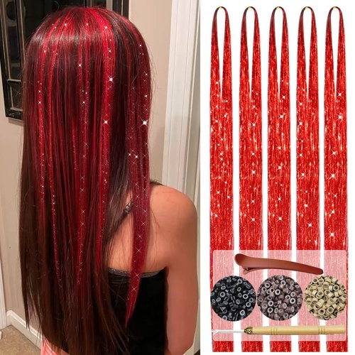 Red Hair Tinsel 47 Inch 1000 Strands Glitter Tinsel Hair Extensions for Women and Girls, Sparkling Shinny Fairy Hair Accessories for Christmas New Year Halloween Cosplay Party