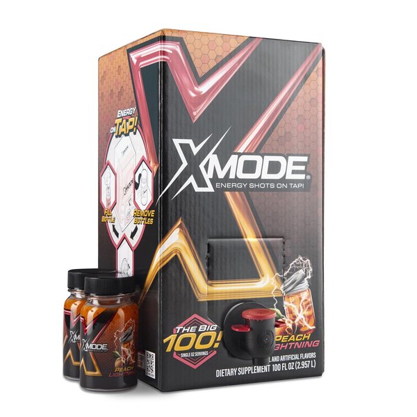 XMODE Energy Shots on Tap (Peach Lightning Flavor) – 100 Serving Dispenser with Refillable Bottles for On-Demand Energy at 150mg Caffeine Per Oz