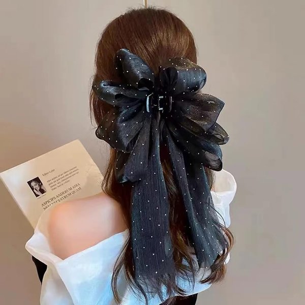 Black Mesh Hair Bow Clip for Women Girls Chiffon Silk Ribbon Bowknot Hair Clips No Slip Claw Clips for Thick Thin Hair Barrette Bows Hair Accessories for Valentine's Day