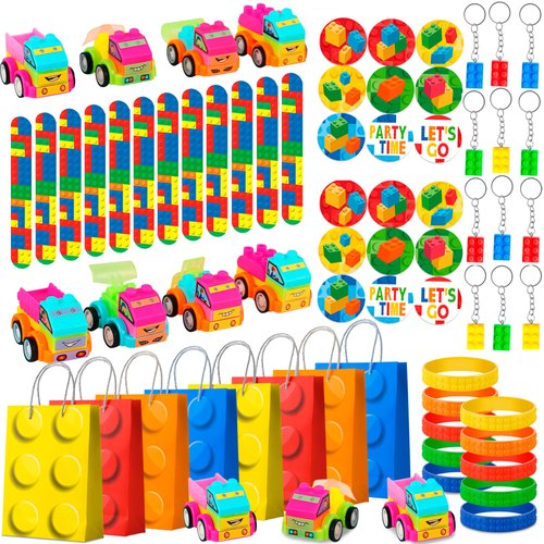 Building Block Birthday Party Favors, 62 Pcs Building Blocks Party Favors Set, Building Block Favor Bags Building Block Birthday Party Keychains Slap Bracelets etc Building Block Themed Party Favors