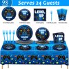 Video Game Party Supplies Tableware Set for 24 Guests Gaming Party Birthday Plates Blue Gamer Party Decorations Includes Plates, Napkins, Tablecloths