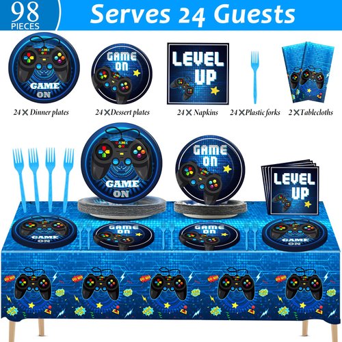 Video Game Party Supplies Tableware Set for 24 Guests Gaming Party Birthday Plates Blue Gamer Party Decorations Includes Plates, Napkins, Tablecloths